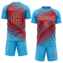 Загрузить изображение в средство просмотра галереи, Custom Sky Blue Red-White Line Sublimation Soccer Uniform Jersey
