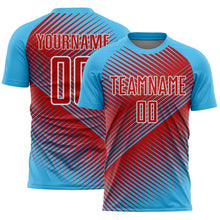 Загрузить изображение в средство просмотра галереи, Custom Sky Blue Red-White Line Sublimation Soccer Uniform Jersey
