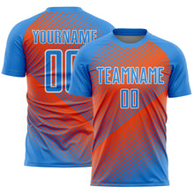 Laden Sie das Bild in den Galerie-Viewer, Custom Powder Blue Orange-White Line Sublimation Soccer Uniform Jersey