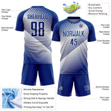 Laden Sie das Bild in den Galerie-Viewer, Custom Royal White Line Sublimation Soccer Uniform Jersey