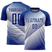 Laden Sie das Bild in den Galerie-Viewer, Custom Royal White Line Sublimation Soccer Uniform Jersey