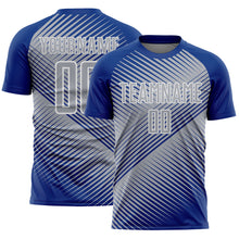 Laden Sie das Bild in den Galerie-Viewer, Custom Royal Gray-White Line Sublimation Soccer Uniform Jersey