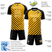 Load image into Gallery viewer, Custom Black Gold-White Lines Sublimation Soccer Uniform Jersey