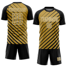 Загрузить изображение в средство просмотра галереи, Custom Black Old Gold-White Lines Sublimation Soccer Uniform Jersey