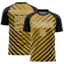 Загрузить изображение в средство просмотра галереи, Custom Black Old Gold-White Lines Sublimation Soccer Uniform Jersey