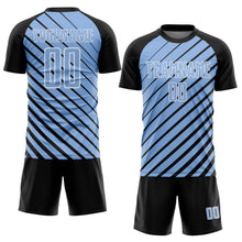 Загрузить изображение в средство просмотра галереи, Custom Black Light Blue-White Lines Sublimation Soccer Uniform Jersey
