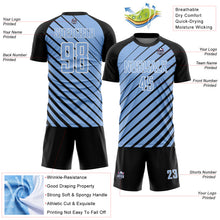Загрузить изображение в средство просмотра галереи, Custom Black Light Blue-White Lines Sublimation Soccer Uniform Jersey