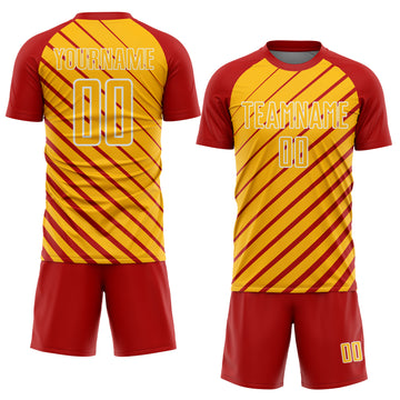 Custom Red Gold-White Lines Sublimation Soccer Uniform Jersey