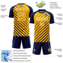 Laden Sie das Bild in den Galerie-Viewer, Custom Navy Gold-White Lines Sublimation Soccer Uniform Jersey