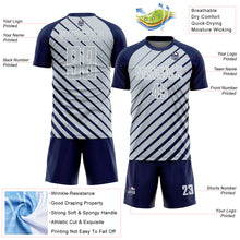 Загрузить изображение в средство просмотра галереи, Custom Navy Silver-White Lines Sublimation Soccer Uniform Jersey