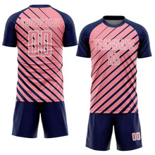 Laden Sie das Bild in den Galerie-Viewer, Custom Navy Medium Pink-White Lines Sublimation Soccer Uniform Jersey