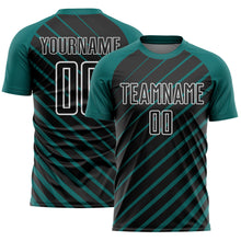 Load image into Gallery viewer, Custom Teal Black-White Lines Sublimation Soccer Uniform Jersey