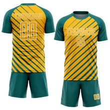 Load image into Gallery viewer, Custom Teal Gold-White Lines Sublimation Soccer Uniform Jersey