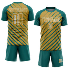 Load image into Gallery viewer, Custom Teal Old Gold-White Lines Sublimation Soccer Uniform Jersey