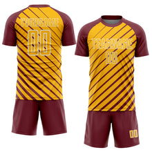 Charger l'image dans la galerie, Custom Burgundy Gold-White Lines Sublimation Soccer Uniform Jersey