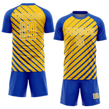 Laden Sie das Bild in den Galerie-Viewer, Custom Thunder Blue Yellow-White Lines Sublimation Soccer Uniform Jersey