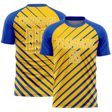 Laden Sie das Bild in den Galerie-Viewer, Custom Thunder Blue Yellow-White Lines Sublimation Soccer Uniform Jersey