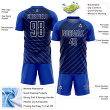Laden Sie das Bild in den Galerie-Viewer, Custom Thunder Blue Navy-White Lines Sublimation Soccer Uniform Jersey