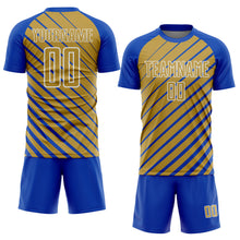 Charger l'image dans la galerie, Custom Thunder Blue Old Gold-White Lines Sublimation Soccer Uniform Jersey