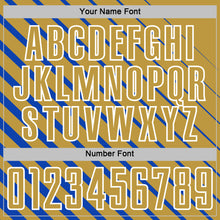 Charger l'image dans la galerie, Custom Thunder Blue Old Gold-White Lines Sublimation Soccer Uniform Jersey