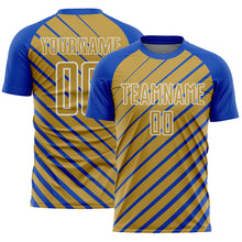 Charger l'image dans la galerie, Custom Thunder Blue Old Gold-White Lines Sublimation Soccer Uniform Jersey