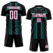 Laden Sie das Bild in den Galerie-Viewer, Custom Black White Aqua-Pink Lines Sublimation Soccer Uniform Jersey