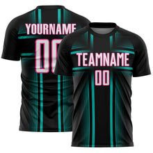 Laden Sie das Bild in den Galerie-Viewer, Custom Black White Aqua-Pink Lines Sublimation Soccer Uniform Jersey