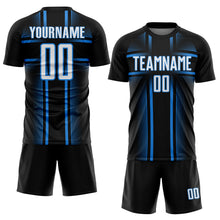 Laden Sie das Bild in den Galerie-Viewer, Custom Black White-Powder Blue Lines Sublimation Soccer Uniform Jersey