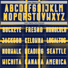 Laden Sie das Bild in den Galerie-Viewer, Custom Navy Gold-White Lines Sublimation Soccer Uniform Jersey