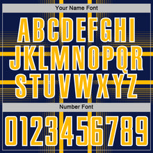Laden Sie das Bild in den Galerie-Viewer, Custom Navy Gold-White Lines Sublimation Soccer Uniform Jersey