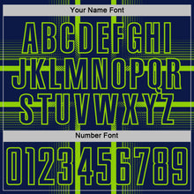 Laden Sie das Bild in den Galerie-Viewer, Custom Navy Neon Green-White Lines Sublimation Soccer Uniform Jersey