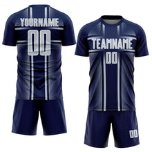 Load image into Gallery viewer, Custom Navy Silver-White Lines Sublimation Soccer Uniform Jersey