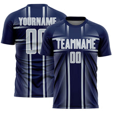 Load image into Gallery viewer, Custom Navy Silver-White Lines Sublimation Soccer Uniform Jersey