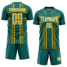 Load image into Gallery viewer, Custom Teal Gold-White Lines Sublimation Soccer Uniform Jersey