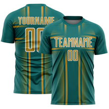 Load image into Gallery viewer, Custom Teal Old Gold-White Lines Sublimation Soccer Uniform Jersey
