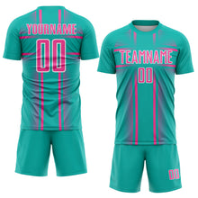 Load image into Gallery viewer, Custom Aqua Pink-White Lines Sublimation Soccer Uniform Jersey