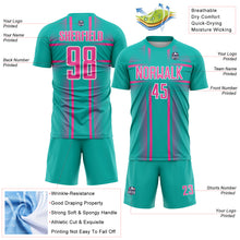 Load image into Gallery viewer, Custom Aqua Pink-White Lines Sublimation Soccer Uniform Jersey