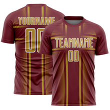 Laden Sie das Bild in den Galerie-Viewer, Custom Burgundy Old Gold-White Lines Sublimation Soccer Uniform Jersey