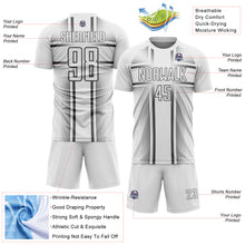 Load image into Gallery viewer, Custom White Steel Gray Lines Sublimation Soccer Uniform Jersey