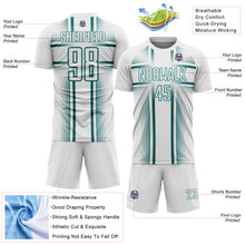 Load image into Gallery viewer, Custom White Teal Lines Sublimation Soccer Uniform Jersey