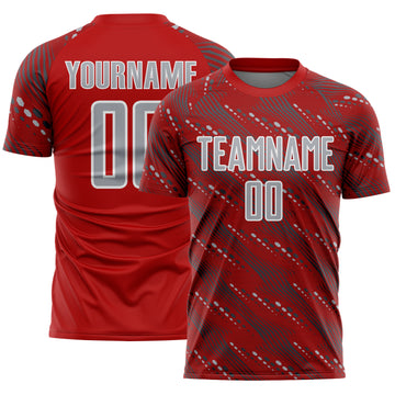 Custom Red Gray-White Slant Lines Sports Sublimation Soccer Uniform Jersey