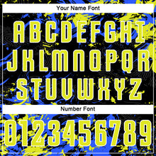 Load image into Gallery viewer, Custom Black Neon Yellow Royal-White Fluid Art Splash Sublimation Soccer Uniform Jersey