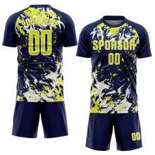 Load image into Gallery viewer, Custom Navy Neon Yellow-White Fluid Art Splash Sublimation Soccer Uniform Jersey
