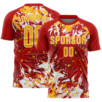 Custom Red Gold-White Fluid Art Splash Sublimation Soccer Uniform Jersey