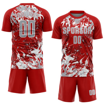 Custom Red Gray-White Fluid Art Splash Sublimation Soccer Uniform Jersey