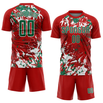 Custom Red Kelly Green-White Fluid Art Splash Sublimation Soccer Uniform Jersey