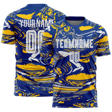 Laden Sie das Bild in den Galerie-Viewer, Custom Figure White Royal-Yellow Fluid Art Splash Sublimation Soccer Uniform Jersey
