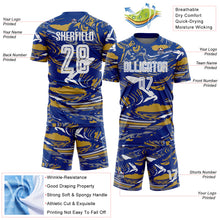 Laden Sie das Bild in den Galerie-Viewer, Custom Figure White Royal-Old Gold Fluid Art Splash Sublimation Soccer Uniform Jersey