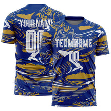 Laden Sie das Bild in den Galerie-Viewer, Custom Figure White Royal-Old Gold Fluid Art Splash Sublimation Soccer Uniform Jersey