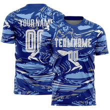 Laden Sie das Bild in den Galerie-Viewer, Custom Figure White Royal-Light Blue Fluid Art Splash Sublimation Soccer Uniform Jersey
